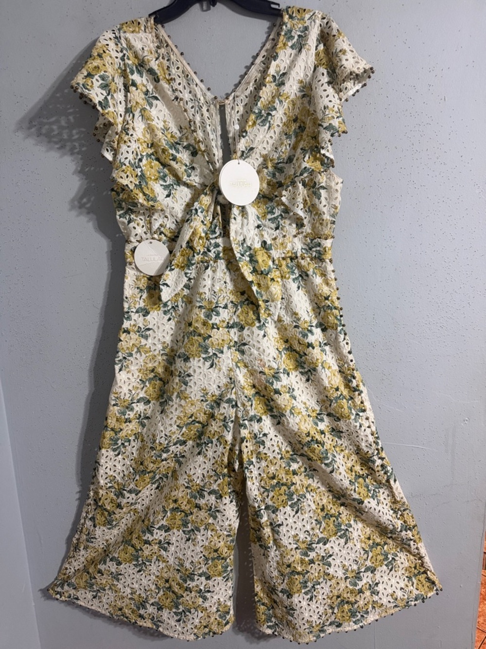 NWT Talulah Metallic BEADS Floral Eyelet Jumpsuit in Yellow and Green